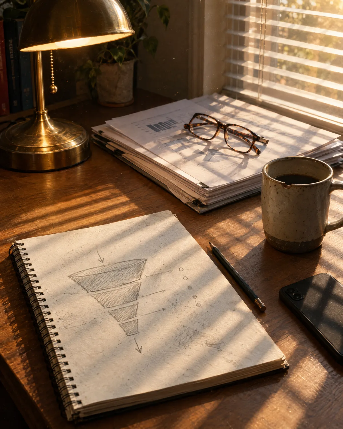 A desk in late afternoon light with a pencil funnel sketch, reading glasses and a stack of printed reports
