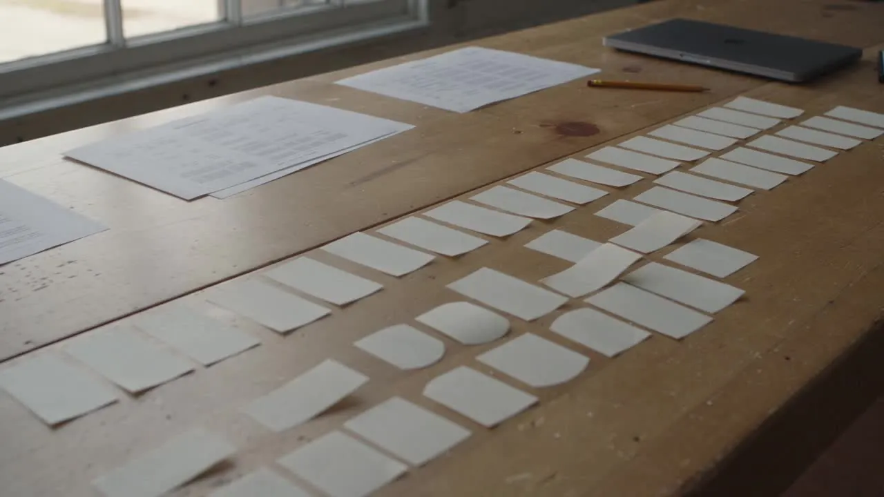 Overhead view of a worktable where index cards are moved between planning columns